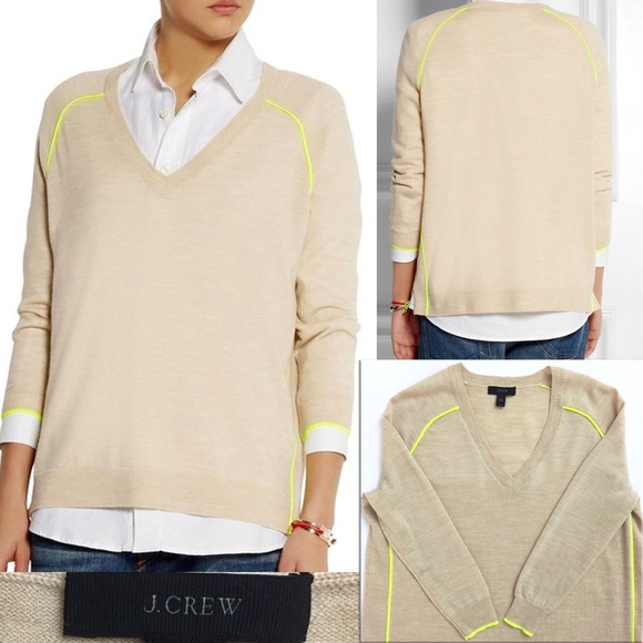 J. Crew Neon-piped V-Neck Merino Wool Knit Sweater - Picture 2 of 9